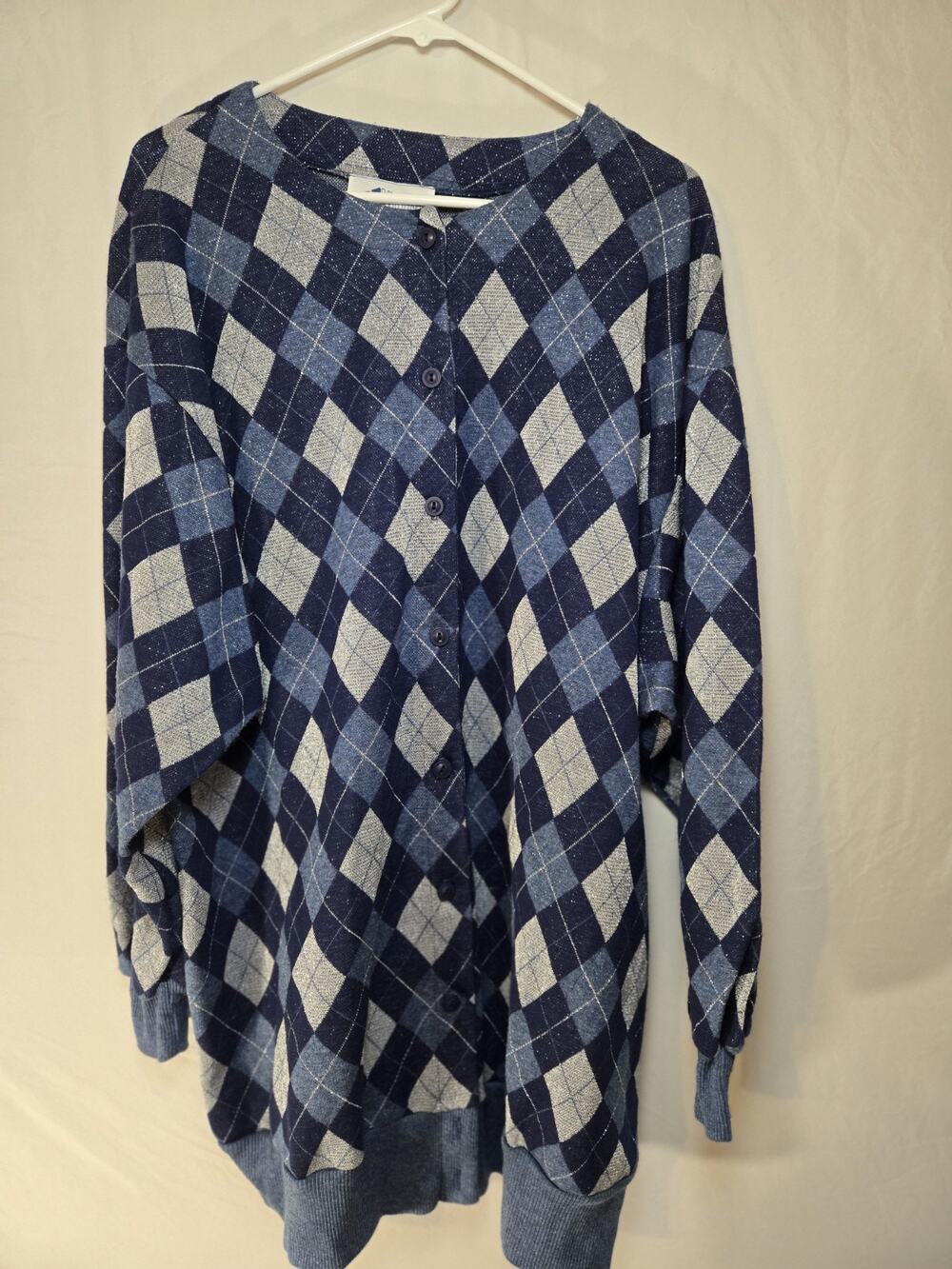 Top Notch Argyle Cardigan Sweater US Womens Plus Size 2X Blue Sparkling Silver